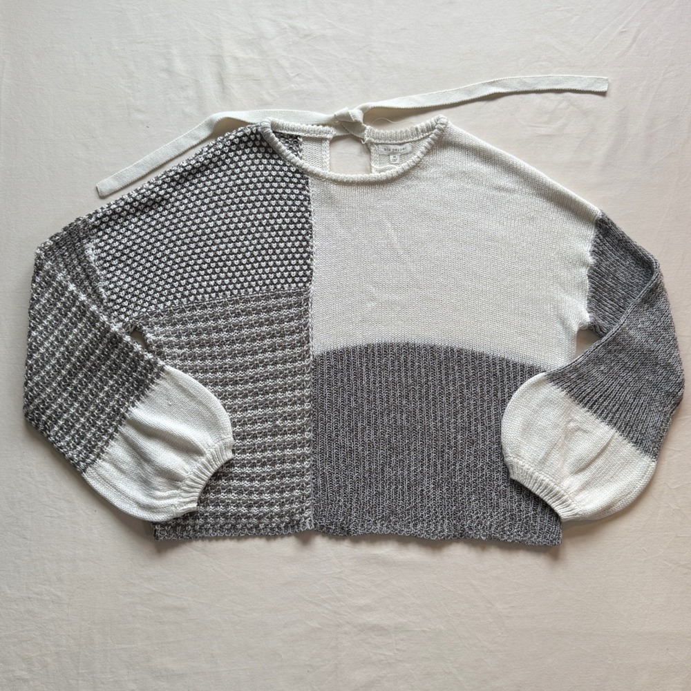 Blu Pepper Colorblock Patchwork Tie Back Sweater Grey Cream Lantern Sleeve M